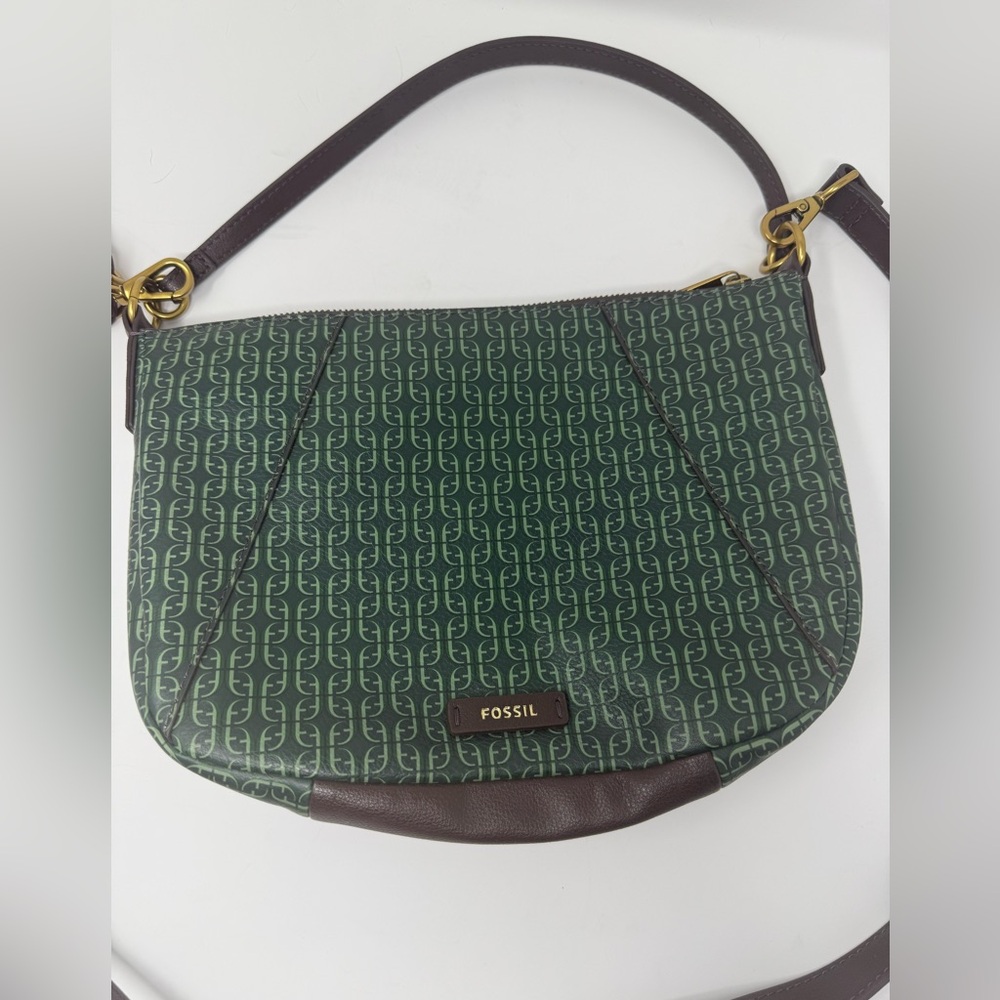 Fossil Crossbody Bag Women Small Green Brown Excellent Monogram Coated Canvas